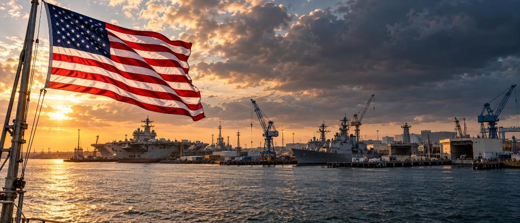 American flag waving at a US naval installation