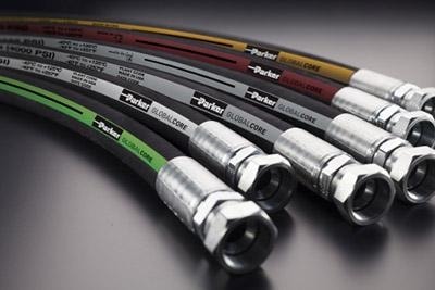 Parker GlobalCore hydraulic hose series — six constant-pressure hoses color-coded by pressure rating