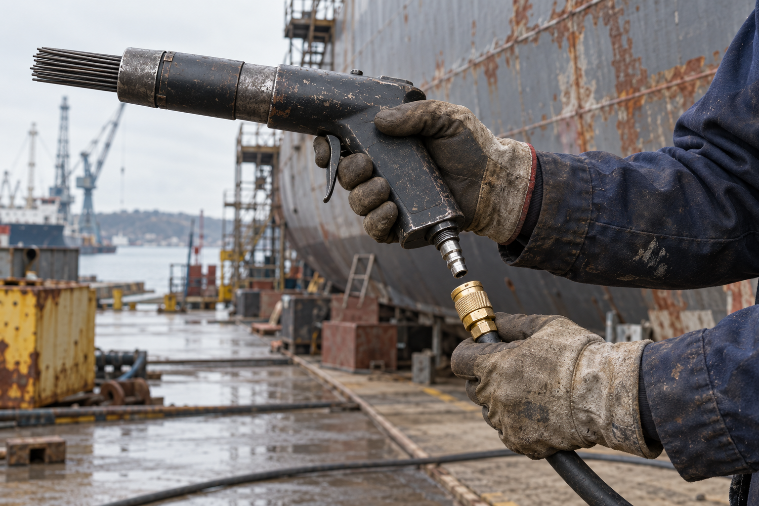 Shipyard worker connecting pneumatic needle scaler with quick disconnect coupling
