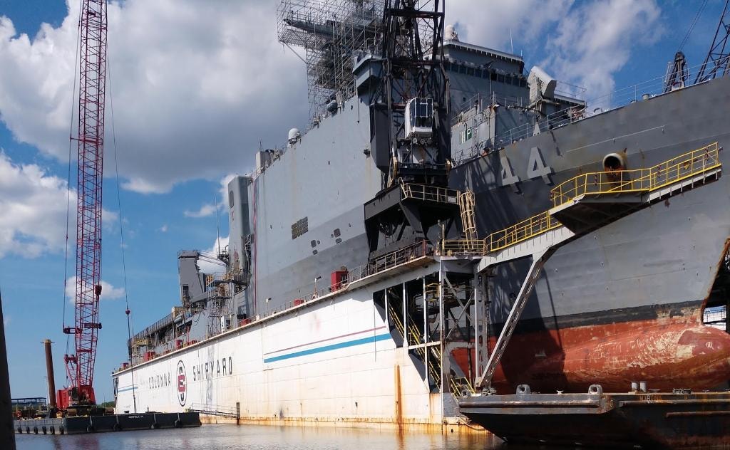 Naval vessel in dry dock at Colonna's Shipyard — the oldest privately owned shipyard in America