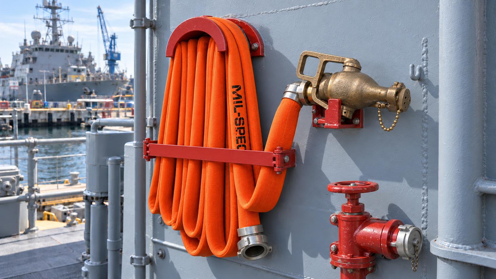Orange MIL-SPEC fire hose coiled on a naval vessel rack with brass fittings and red shipboard fire valve — Hampton Roads shipyard supply