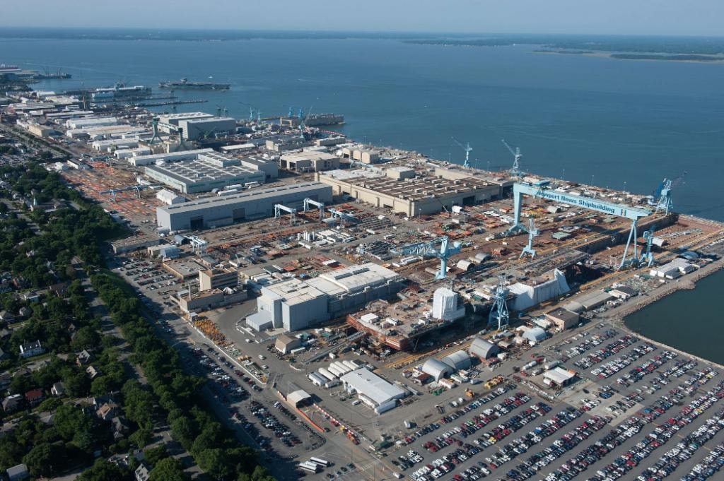 Aerial view of Newport News Shipbuilding — the largest naval shipyard in the United States